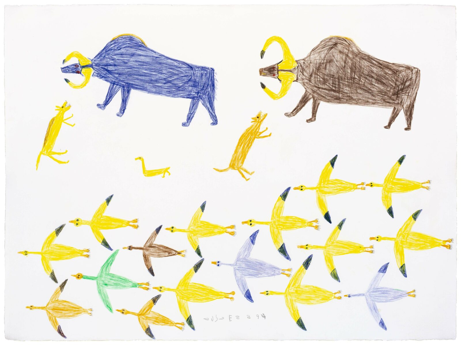Luke Anguhadluq - untitled (birds and Muskoxen)