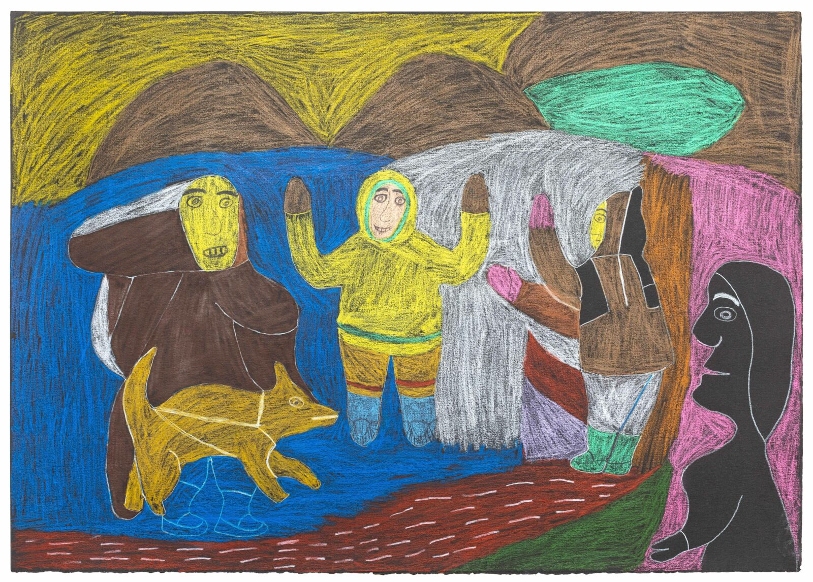 Francoise Oklaga - untitled (four Inuit with a dog)