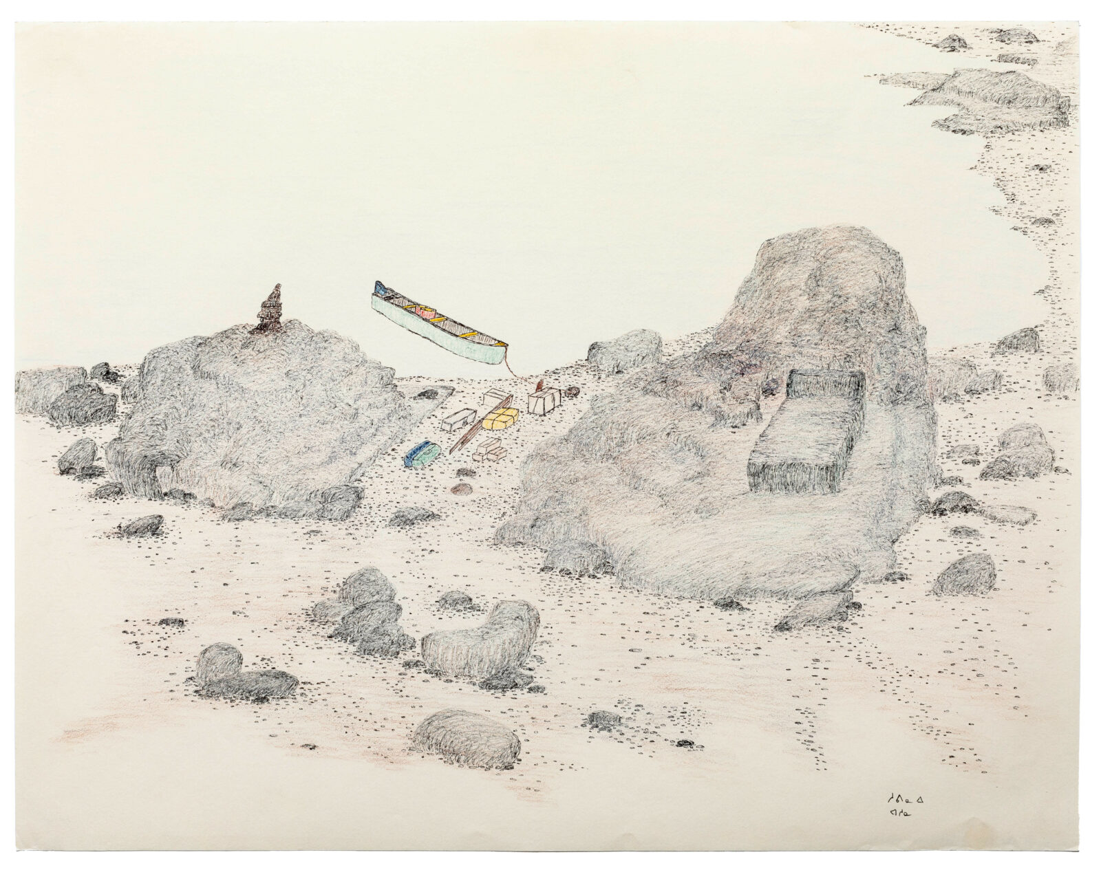 Shuvinai Ashoona - untitled (camp scene with bed)